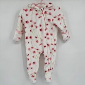 Laura‎ Ashley White/Pink Fleece Floral Hooded Coverall Baby One-Piece Size 3-6MO